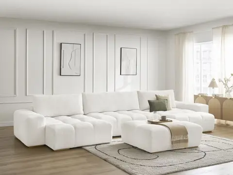Canapé panoramique convertible coffre ANAKIN texturé avec pouf blanc
