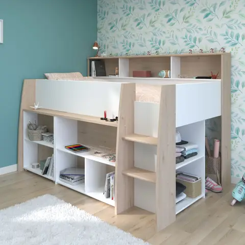 Lit mezzanine enfant 90x200 bois avec bureau escamotable et rangements - Terre de Nuit