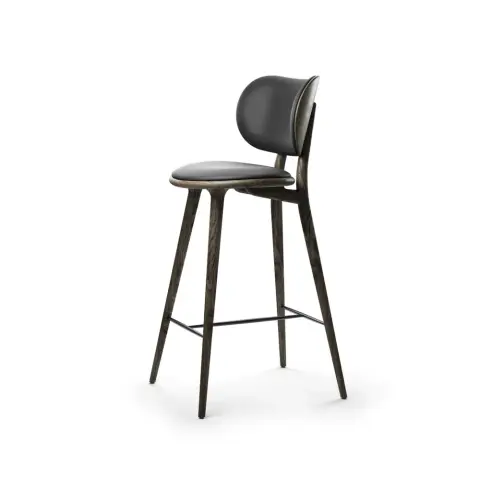 Chaise de bar basse Mater High Stool Backrest cuir noir, support en chêne gris sirka