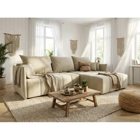 Canapé d'angle convertible réversible coffre en tissu absorbant Louka — Beige