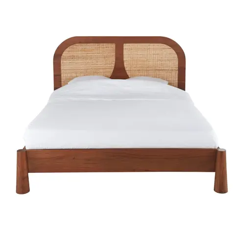 Lit vintage en bois d'acacia massif et rotin tressé 160x200 avec sommier à lattes