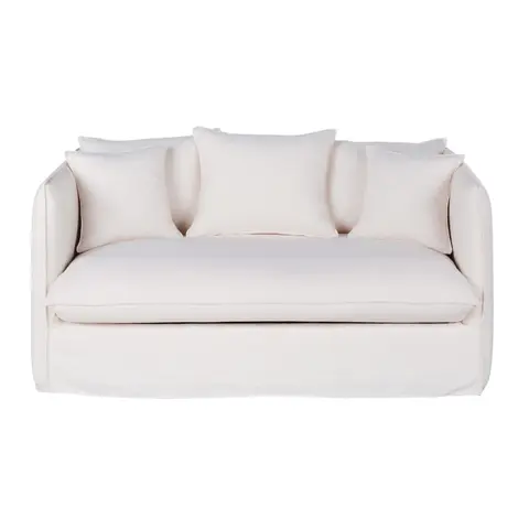 Canapé convertible 2 places en tissu blanc effet lin, matelas 10 cm