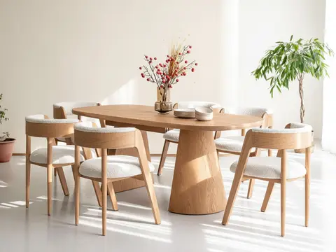 Ensemble MAZARGUES avec table à manger extensible 200 à 300 cm + 6 chaises BASTIDE placage chêne massif marron clair