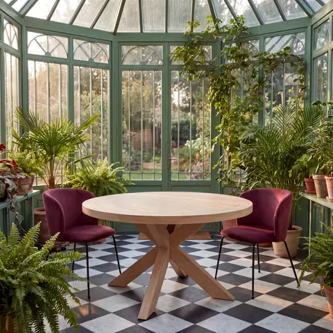 Table à manger ronde en bois de chêne et placage chêne, ∅140 cm