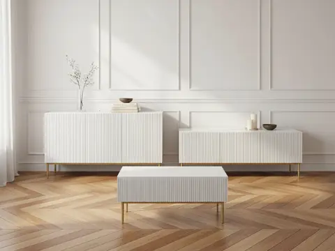 Ensemble KASHA avec meuble TV 150 cm + buffet 150 cm + table basse pieds or blanc