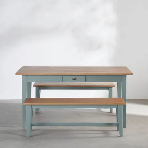 Ensemble table à manger 6 personnes et 2 bancs beiges et vert de gris