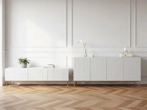 Ensemble KASHA avec Meuble TV 200 cm + Buffet 4 portes 200 cm pieds or blanc