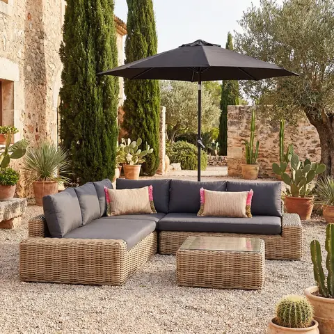 Salon de jardin 5 places imitation rotin et coussins gris anthracite