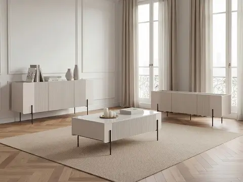 Ensemble MATHILDE avec buffet 150 cm + meuble TV 150 cm + table basse 100 cm plateau effet marbre et pieds beige