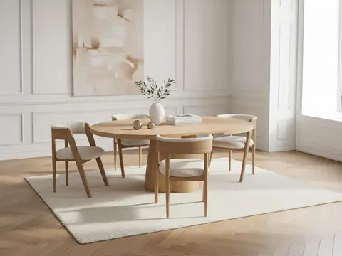 Ensemble SUGITON avec table à manger ronde extensible 130 à 180 cm + lot de chaises BASTIDE placage chêne marron clair