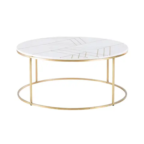 Table basse ronde en marbre reconstitué blanc et fer doré D90