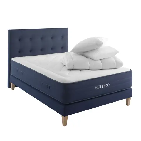Ensemble matelas ressorts, latex et mémoire de forme, sommier, pieds, tête de lit, couette et oreiller Rêve 700