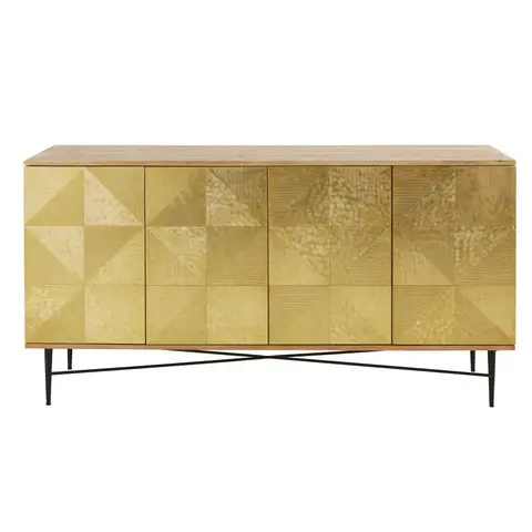 Buffet en bois de manguier massif et acier martelé doré, L160 cm