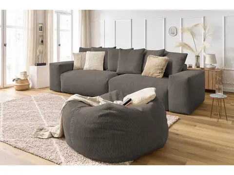 Canapé droit 4 places VOLTAIRE velours côtelé avec pouf taupe