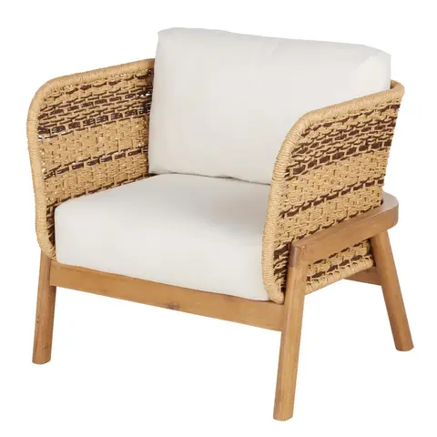 Fauteuil de jardin en bois d'acacia, résine recyclée et coussins en polyester recyclé écru