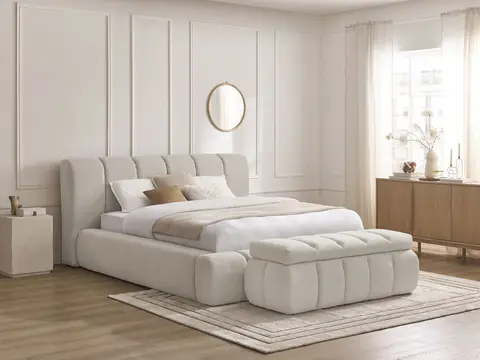 Lit coffre DENALI lisse + Bout de lit DENALI beige 160x200 + bout de lit