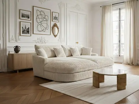 Canapé droit 3 places BELEM assise profonde gros côtelé doux beige