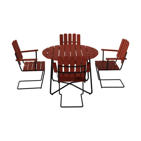 Table à manger 9A Ø + 4 fauteuils A2 chêne rouge foncé-stativ noir