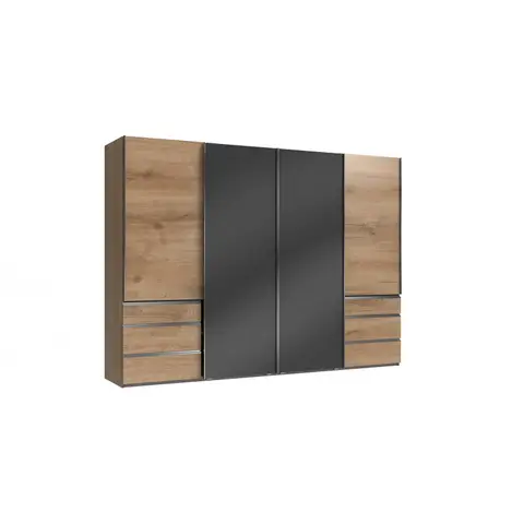 Armoire adulte contemporaine portes synchronisées 300 cm verre gris/chêne poutre Rotterdam I Verre gris/chêne poutre — Verre gris