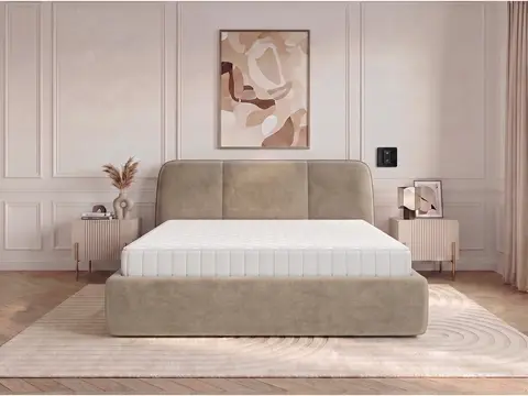 Ensemble avec lit coffre électrique MOONA velours lisse + matelas hybride beige