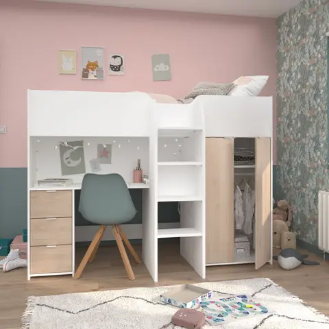 Lit mezzanine enfant 90x200 bois avec bureau et rangements Terre de Nuit