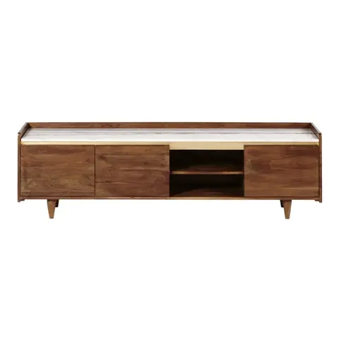 Meuble TV 3 portes en acacia massif et marbre blanc L165