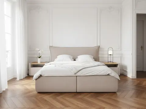 Lit coffre JADE avec tête de lit effet oreiller beige