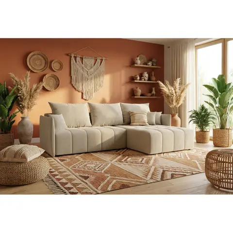 Canapé d'angle convertible réversible coffre en tissu Louka — Beige