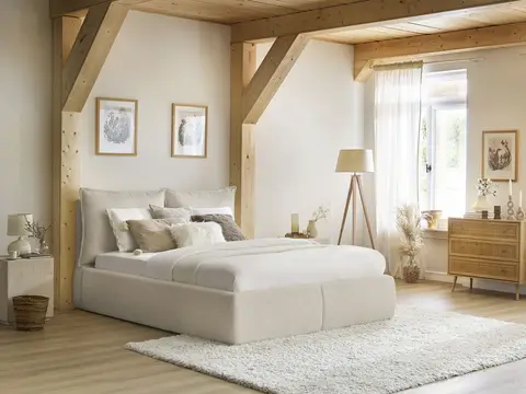Lit coffre GARANCE avec tête de lit effet oreiller bouclette beige