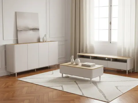 Ensemble ANYRA avec buffet 200 cm + meuble TV 200 cm + table basse avec tiroirs pieds en bois massif beige