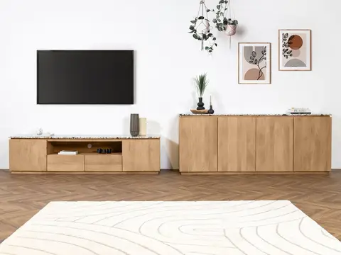 Ensemble BARBARA avec buffet 200 cm + meuble TV 200 cm bois massif de manguier et terrazzo