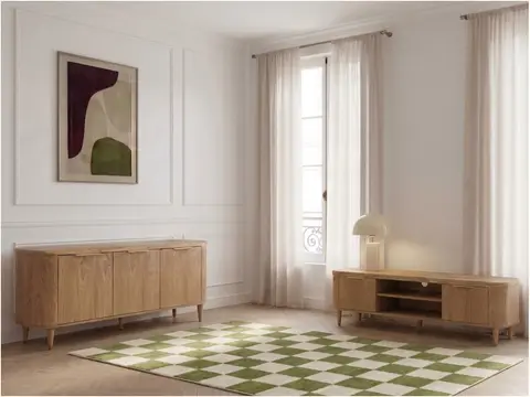Ensemble MAZARGUES avec buffet 180 cm + meuble TV 180 cm placage chêne massif marron clair