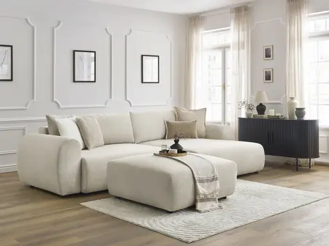 Canapé d'angle convertible coffre LUCIEN lisse avec pouf beige