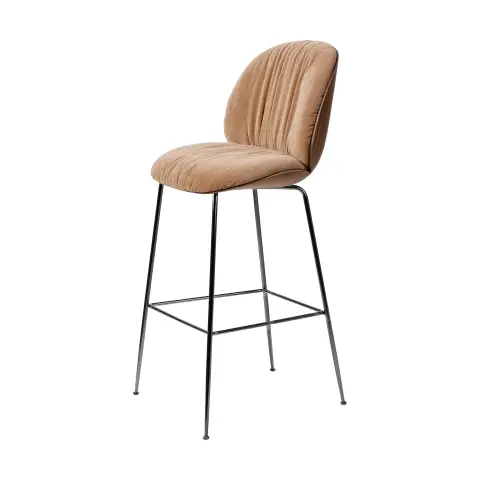 Tabouret de bar Beetle Soft, dossier avant recouvert Tabouret Belsuede Dedar 132, noyer laqué-dossier noir, chrome