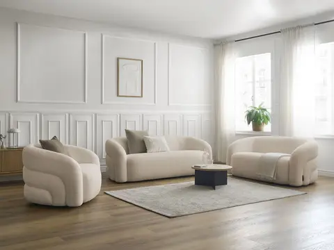Ensemble canapé droit 3 + 2 places + fauteuil pivotant ELINA bouclette beige