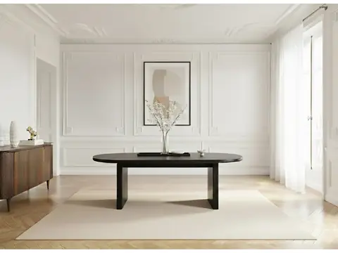 Ensemble PABLO avec table à manger ovale 220 cm placage noyer + chaises TANYA texturé noir