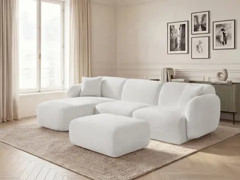 Canapé d'angle modulable ANDA chenille avec pouf blanc