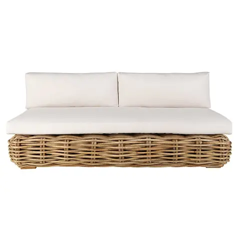 Banquette pour canapé de jardin modulable en rotin et coussins écrus