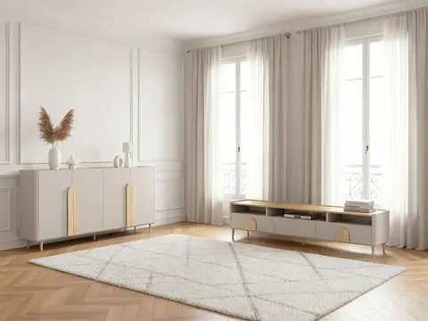Ensemble ENYRA avec buffet 200 cm + meuble TV 2 tiroirs 200 cm pieds en bois massif beige