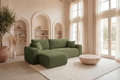 Canapé d'angle Jella Angle - Tissu Bouclette Vert 244 cm x 145 cm x 82 cm