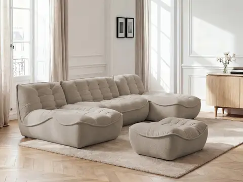 Canapé panoramique modulable SERENA chiné avec pouf taupe