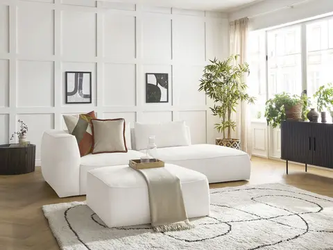 Canapé droit 3 places LEOPOLD texturé avec pouf blanc