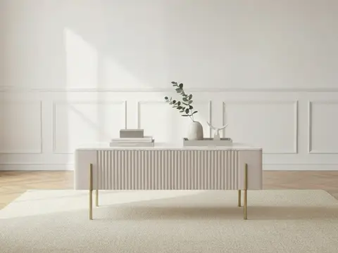Table basse 2 tiroirs 100 cm MATHILDE plateau effet marbre et pieds or beige