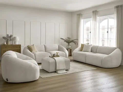 Ensemble canapé droit 3 + 2 places + fauteuil TINA velours côtelé avec pouf beige