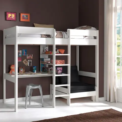 Lit enfant mezzanine avec fauteuil convertible en bois massif blanc 90x200 cm - LT2045