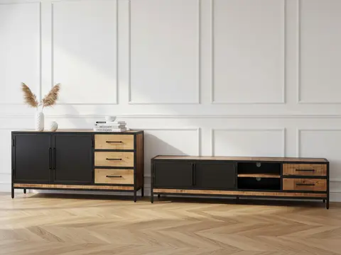 Ensemble BEAUBOURG avec Buffet 160 cm + Meuble TV Bois massif de manguier