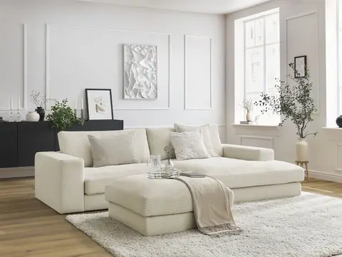 Canapé d'angle LEONARD velours côtelé avec pouf beige