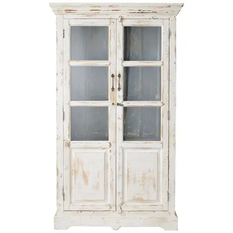 Vitrine en bois de manguier effet vieilli blanche