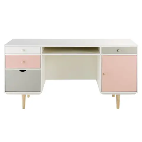 Bureau 1 porte 4 tiroirs blanc, gris et rose