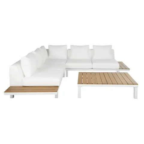 Salon de jardin 6 places en aluminium blanc, bois de teck et coussins effet cuir blanc